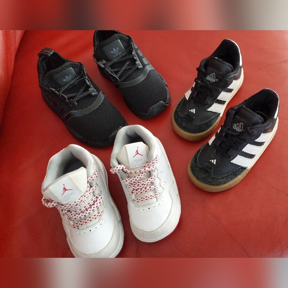 Lot Of 3 Kids Sneakers Sz 5,6,7 Jordans Adidas Shoes ( Bag C)